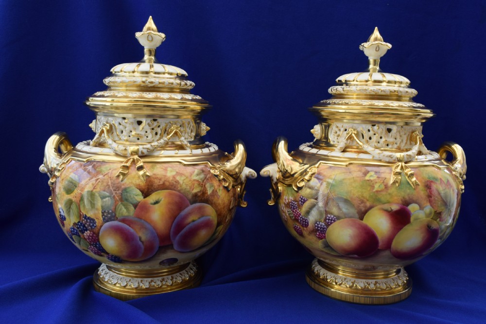 A pair of Royal Worcester painted fruit bow vases and covers View II