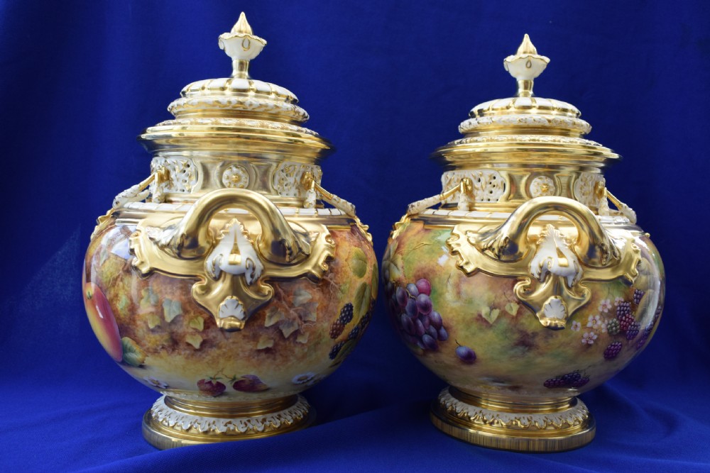 A pair of Royal Worcester painted fruit bow vases and covers View IV