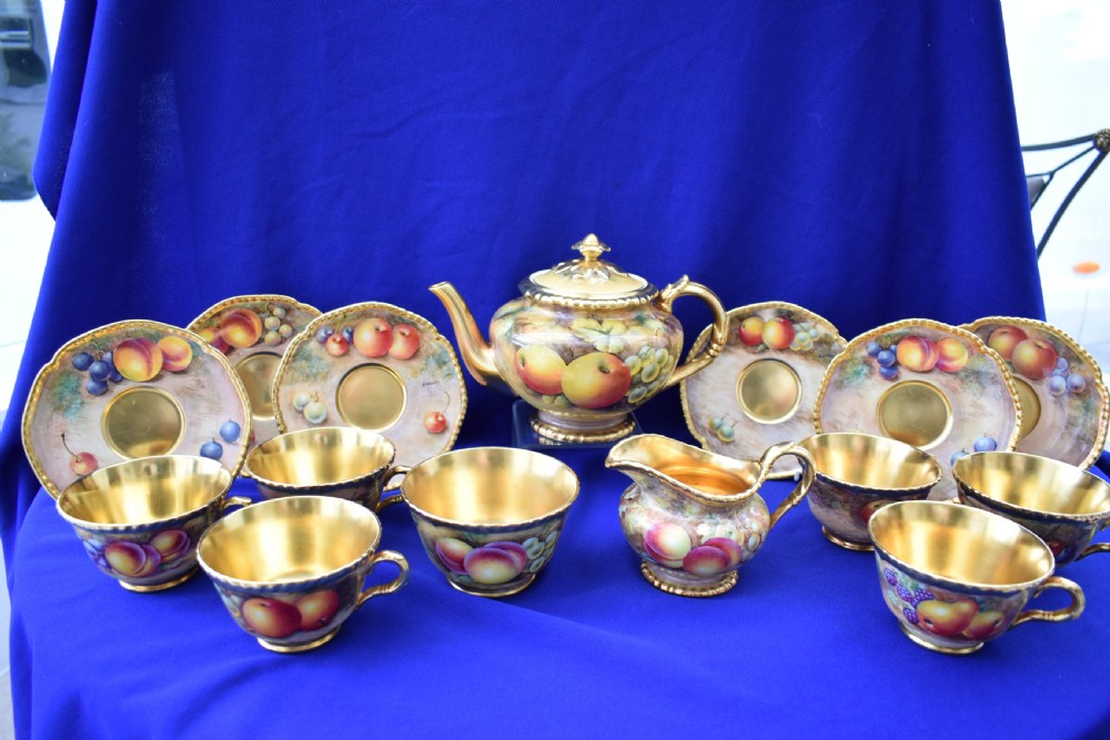 Royal Worcester painted fruit artist signed rope edge tea set