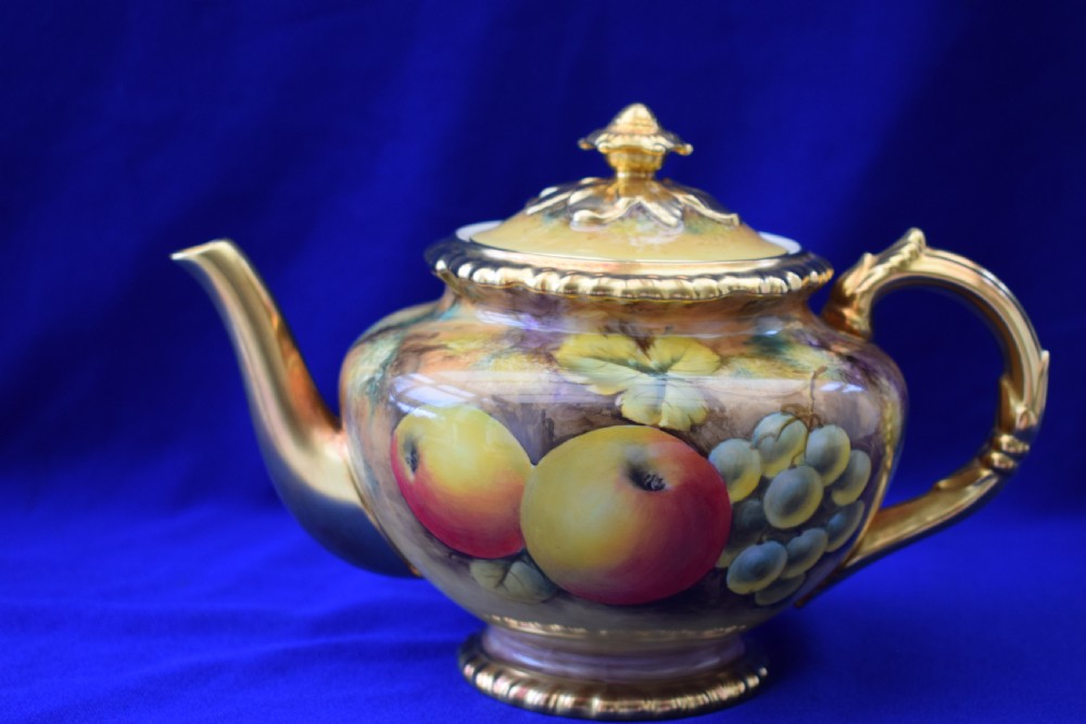 Royal Worcester painted fruit artist signed rope edge tea set View II