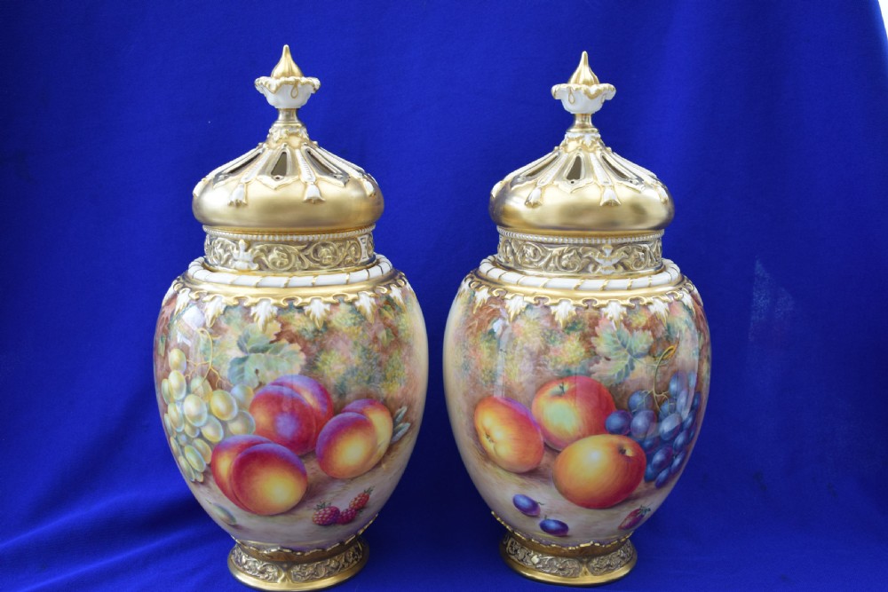 Royal Worcester large pair of painted fruit 3 piece pot pourri vases by Ayrton.