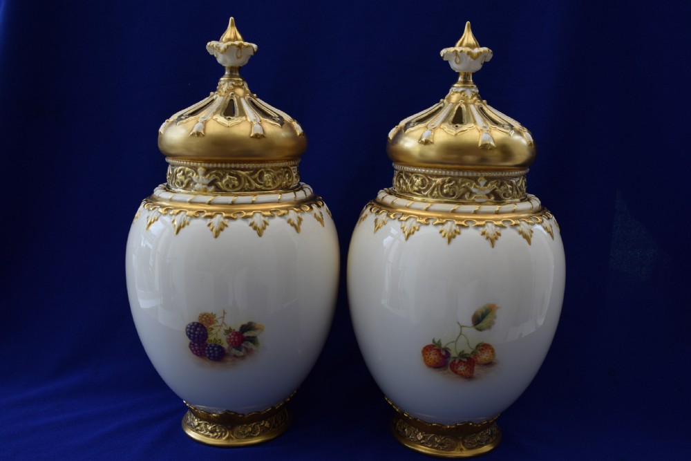 Royal Worcester large pair of painted fruit 3 piece pot pourri vases by Ayrton. View II