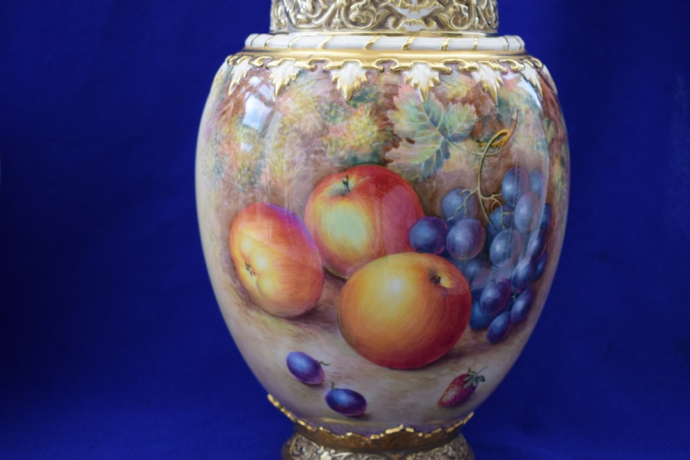 Royal Worcester large pair of painted fruit 3 piece pot pourri vases by Ayrton. View III