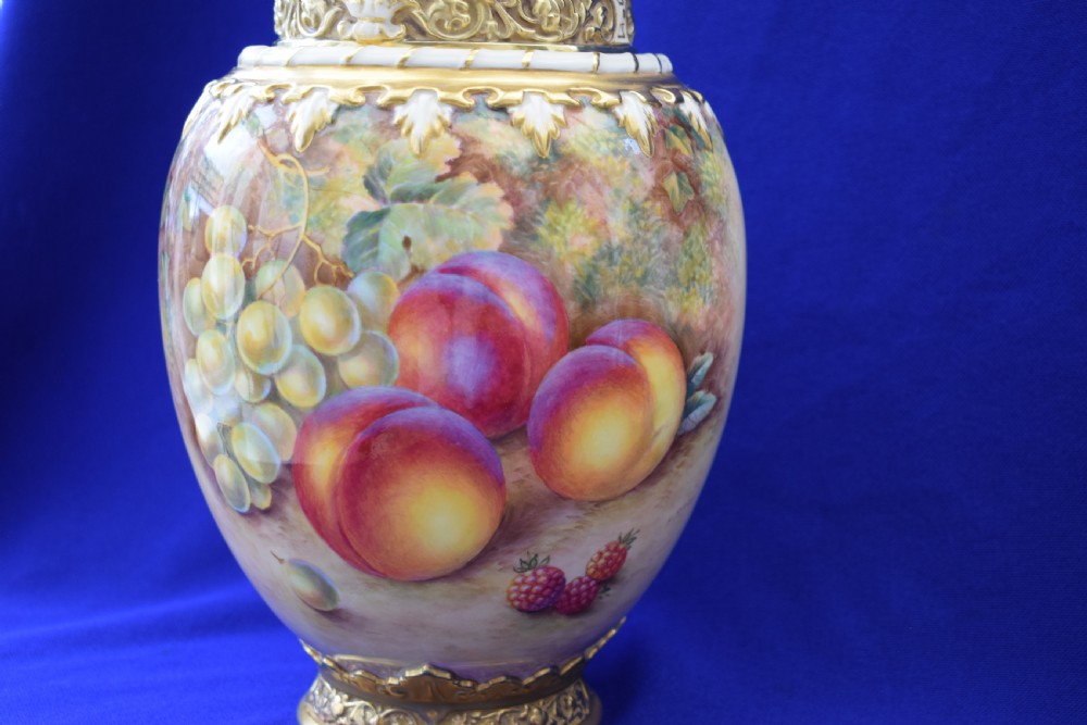 Royal Worcester large pair of painted fruit 3 piece pot pourri vases by Ayrton. View IV