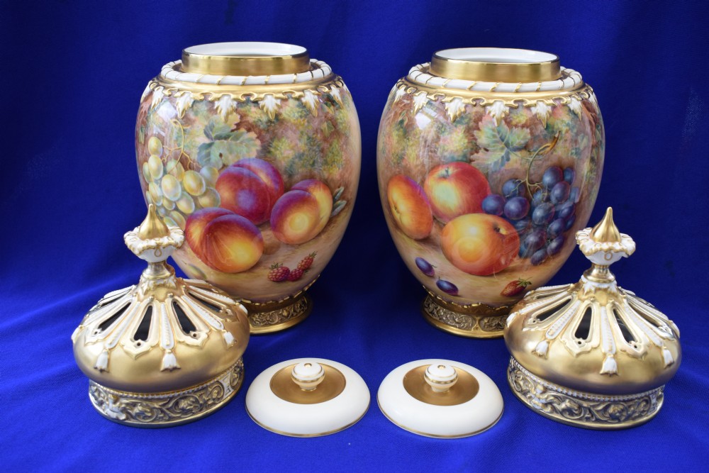 Royal Worcester large pair of painted fruit 3 piece pot pourri vases by Ayrton. View VI