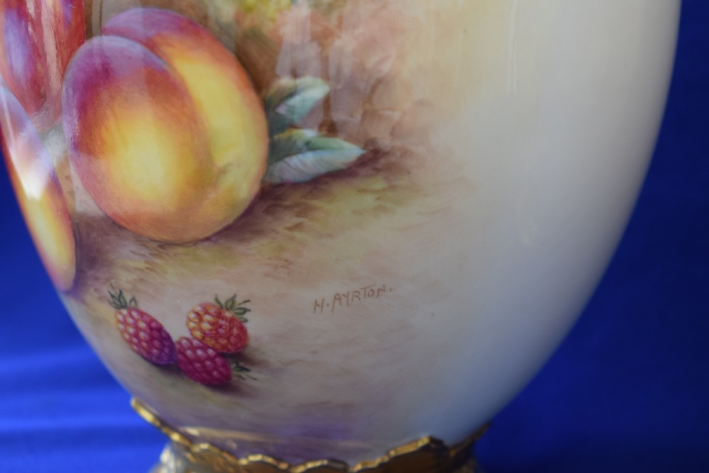 Royal Worcester large pair of painted fruit 3 piece pot pourri vases by Ayrton. View VII