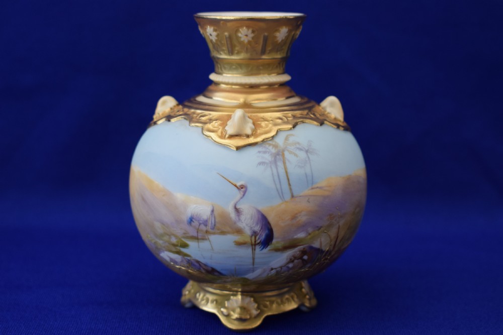 Royal Worcester vase, storks signed Walter Powell