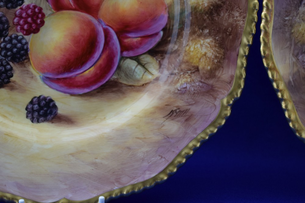 Pair of Royal Worcester large size dinner plates painted fruit 10.75