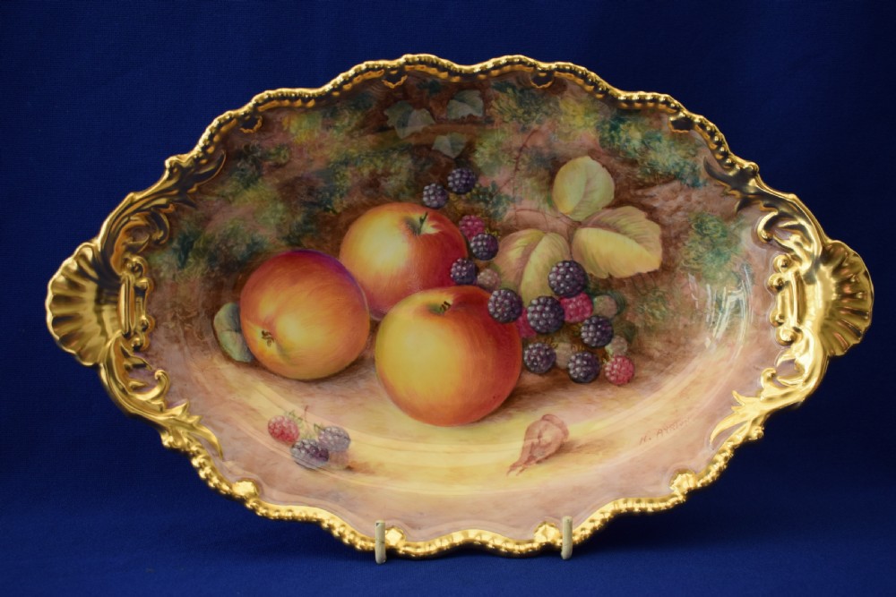 Royal Worcester painted fruit shell handle dessert dish