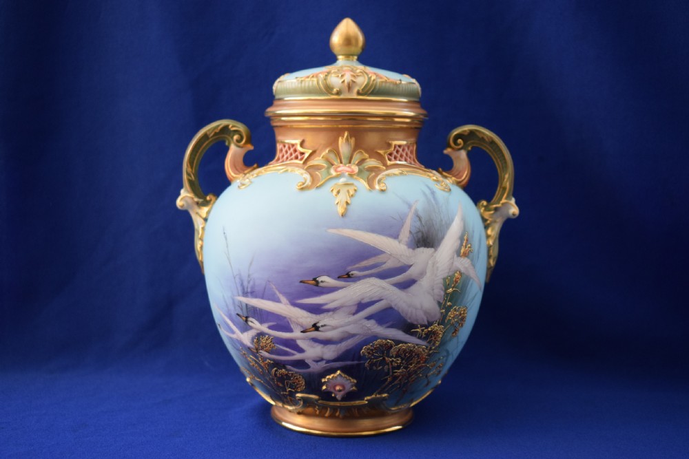 Royal Worcester pot pourri vase and cover decorated with swans signed Baldwyn