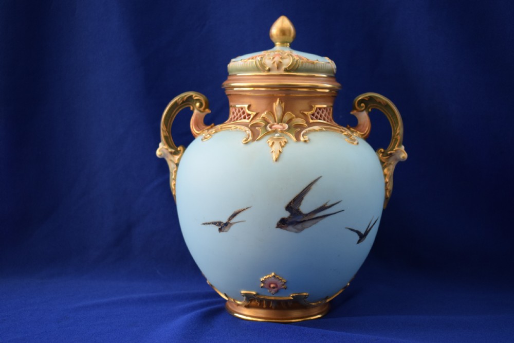 Royal Worcester pot pourri vase and cover decorated with swans signed Baldwyn View II