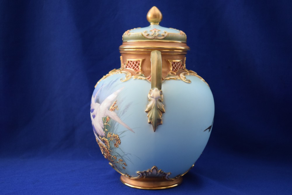 Royal Worcester pot pourri vase and cover decorated with swans signed Baldwyn View III