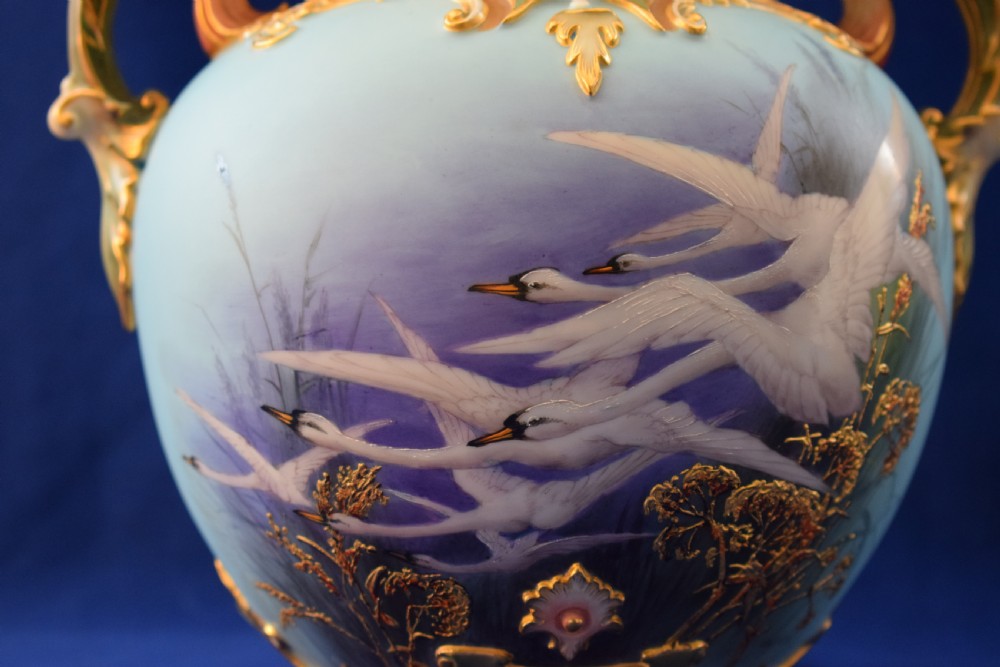 Royal Worcester pot pourri vase and cover decorated with swans signed Baldwyn View IV