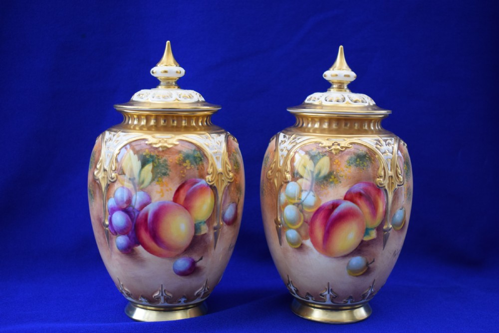 Royal Worcester pair of painted fruit pot pourri vases artist signed