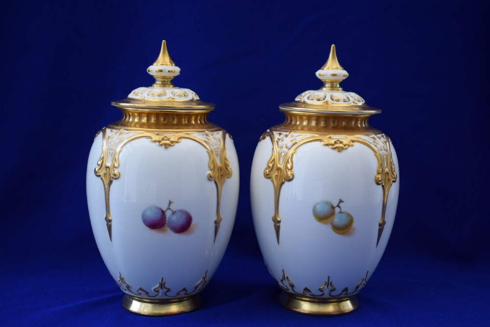 Royal Worcester pair of painted fruit pot pourri vases artist signed View II