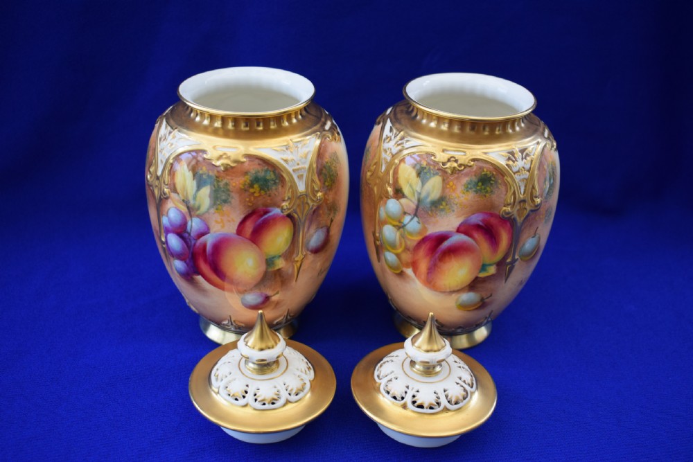 Royal Worcester pair of painted fruit pot pourri vases artist signed View III