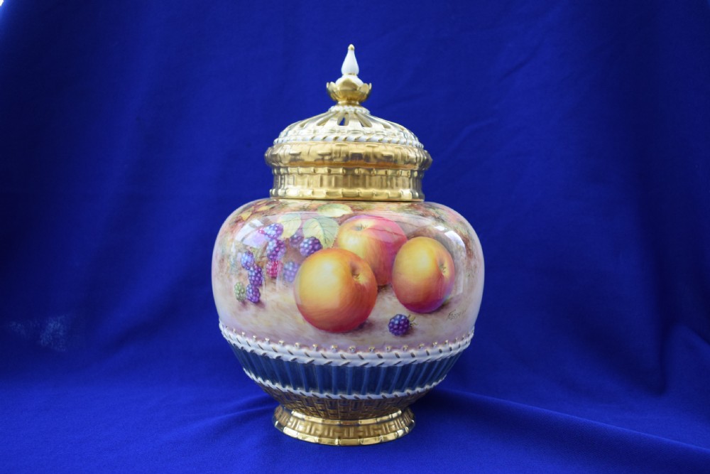 Royal Worcester painted fruit 3 piece pot pourri signed Freeman