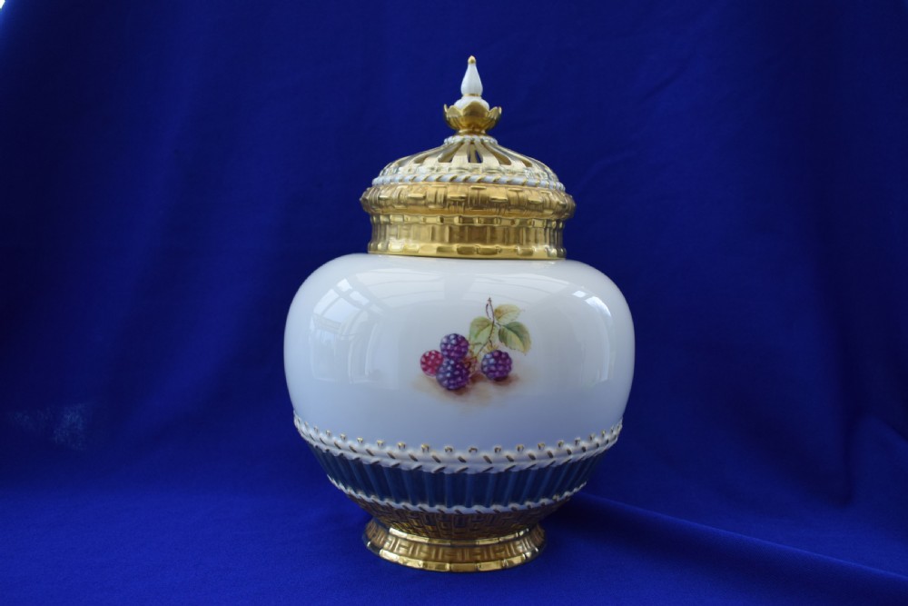 Royal Worcester painted fruit 3 piece pot pourri signed Freeman View II