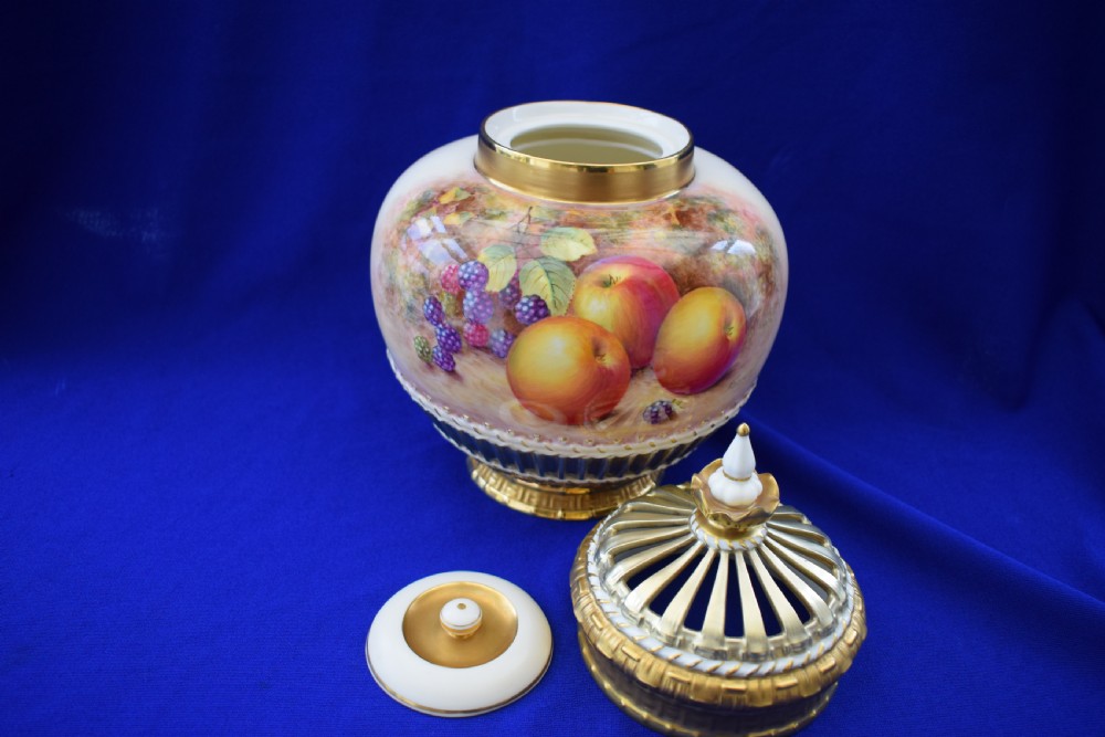Royal Worcester painted fruit 3 piece pot pourri signed Freeman View III
