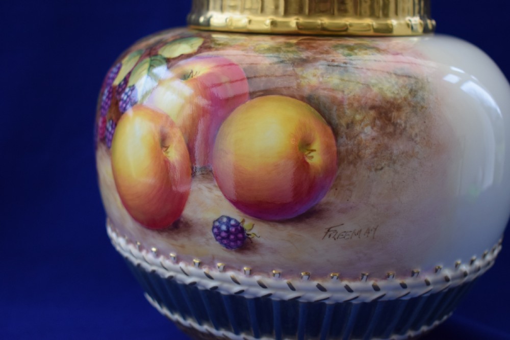Royal Worcester painted fruit 3 piece pot pourri signed Freeman View IV
