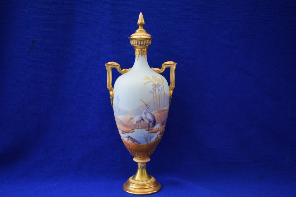 Royal Worcester vase and cover decorated storks by Albert Shuck