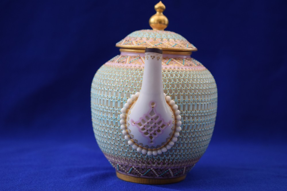 An exceptional Royal Worcester reticulated teapot and cover by George Owen. View IV