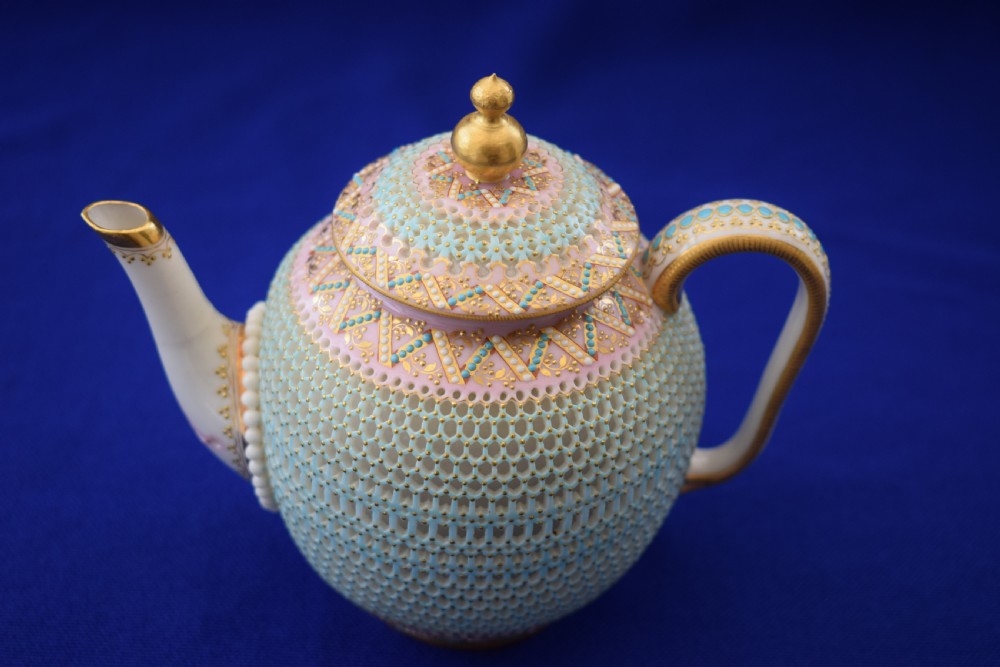 An exceptional Royal Worcester reticulated teapot and cover by George Owen. View V