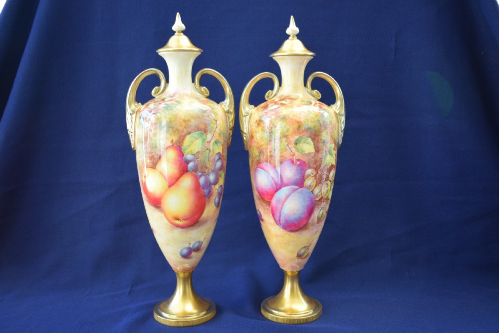 Royal Worcester pair of painted fruit vases and covers View II