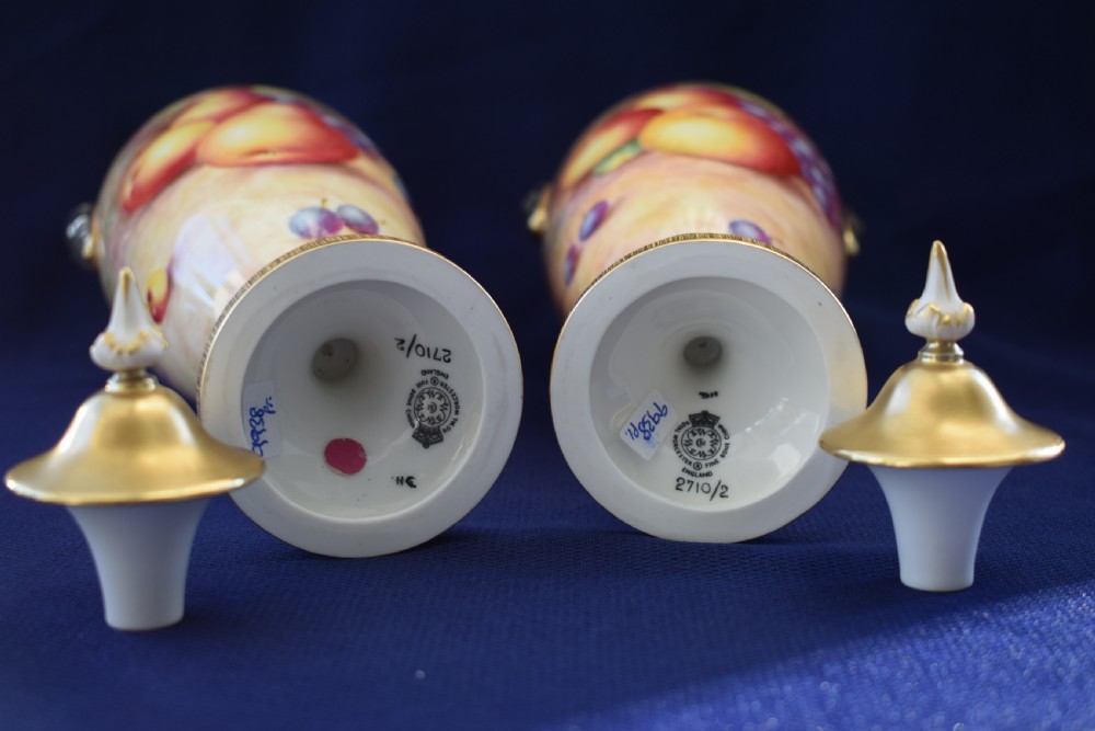 Royal Worcester pair of painted fruit vases and covers View III
