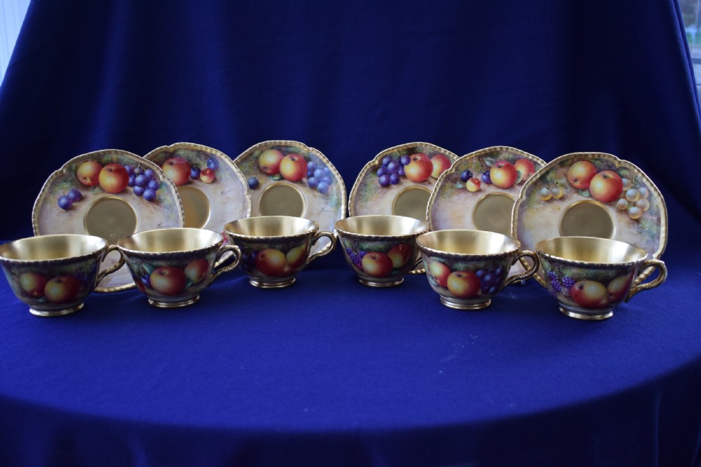 Royal Worcester set of 6 rope edge painted fruit cups and saucers