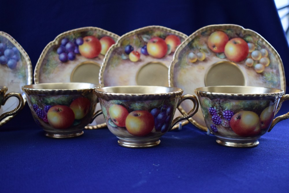 Royal Worcester set of 6 rope edge painted fruit cups and saucers View II