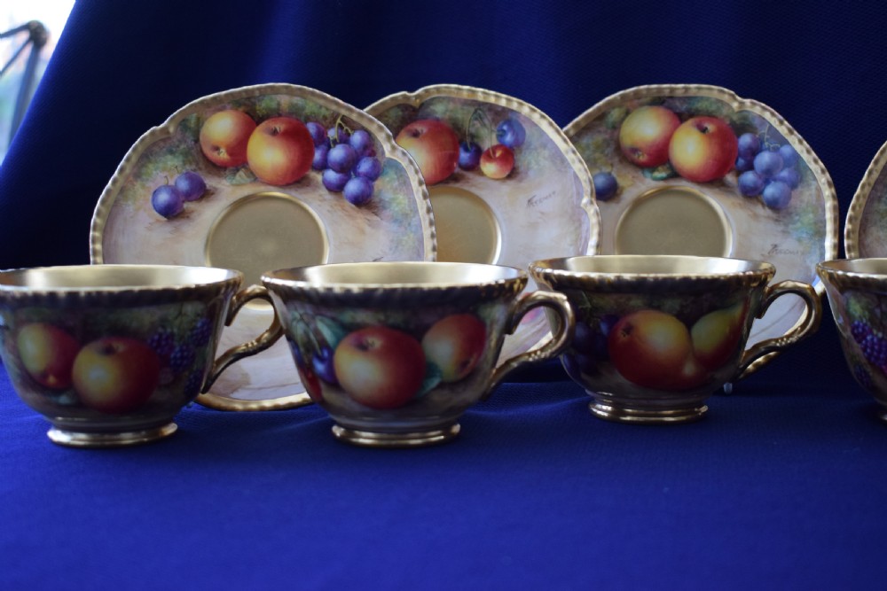 Royal Worcester set of 6 rope edge painted fruit cups and saucers View III