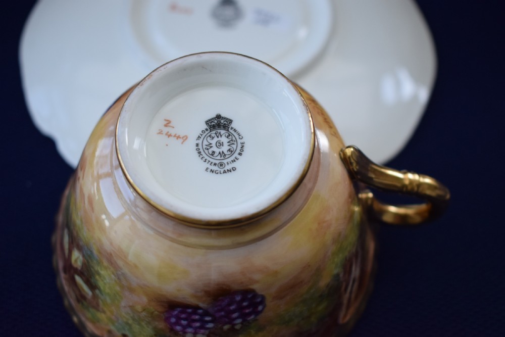 Royal Worcester set of 6 rope edge painted fruit cups and saucers View VI