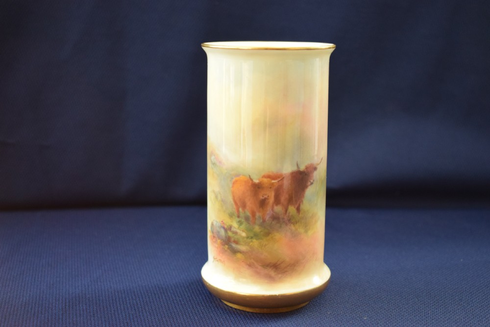 Royal Worcester spill vase decorated highland cattle
