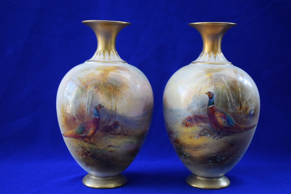 Royal Worcester pair of Artist signed vases decorated Pheasants