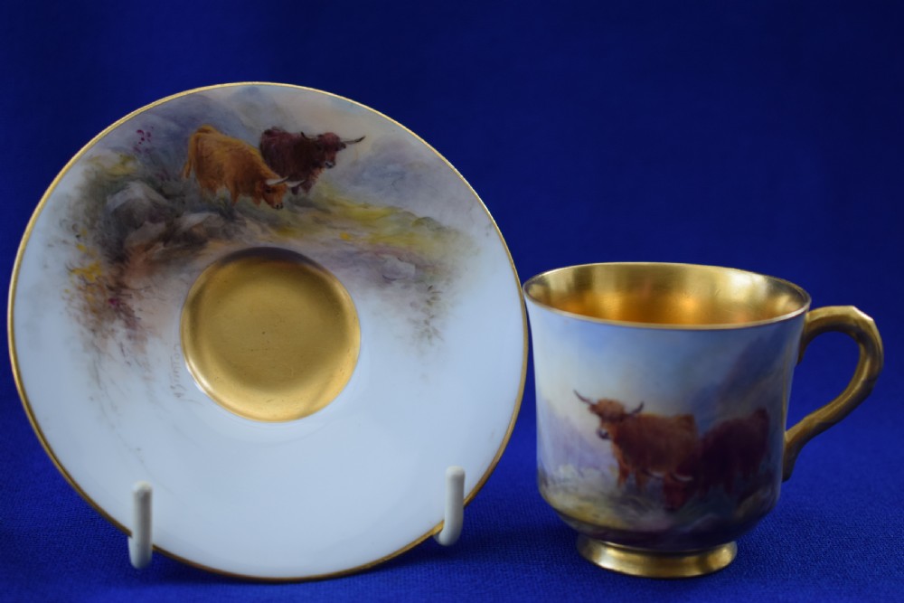 Royal Worcester demi tasse decorated highland cattle by Harry Stinton.