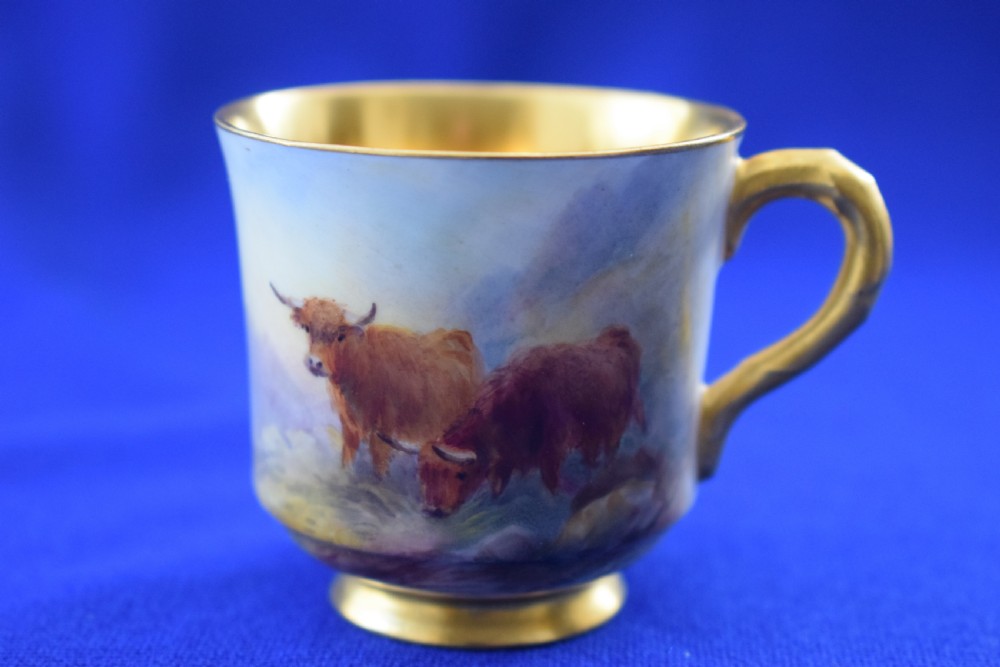 Royal Worcester demi tasse decorated highland cattle by Harry Stinton. View II