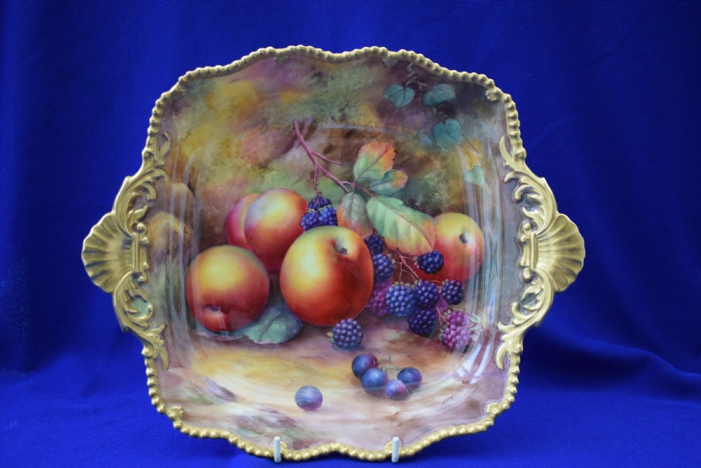 Royal Worcester painted fruit dessert dish, tudor tray, artist signed.