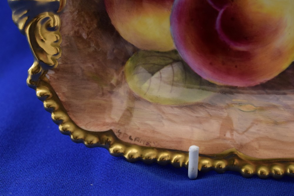 Royal Worcester painted fruit gadroon bon bon dish, artist signed. View II