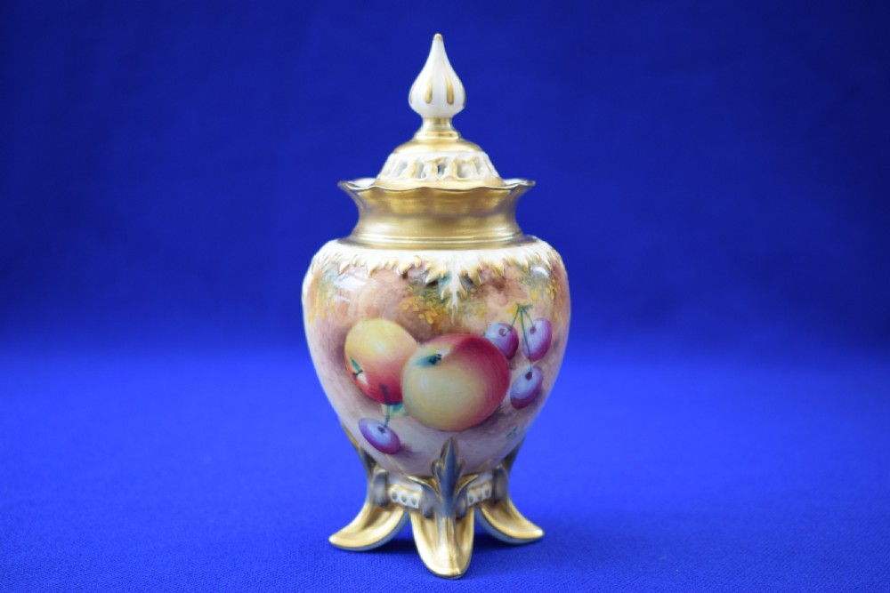 Royal Worcester painted fruit pot pourri vase and cover.