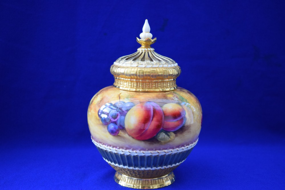 Royal Worcester painted fruit 3 piece pot pourri vase.