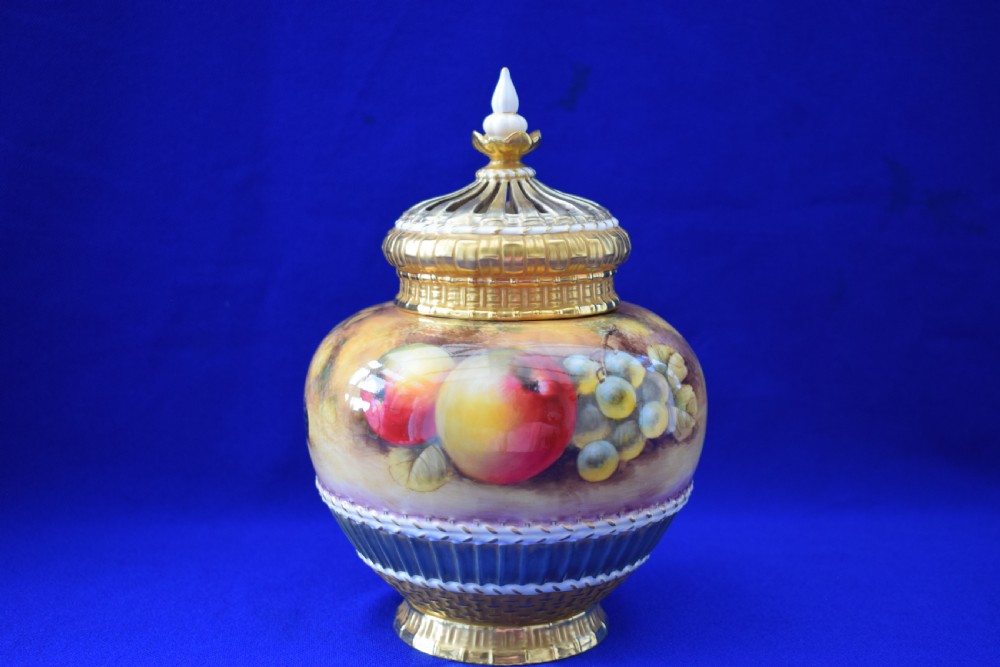 Royal Worcester painted fruit 3 piece pot pourri vase. View II