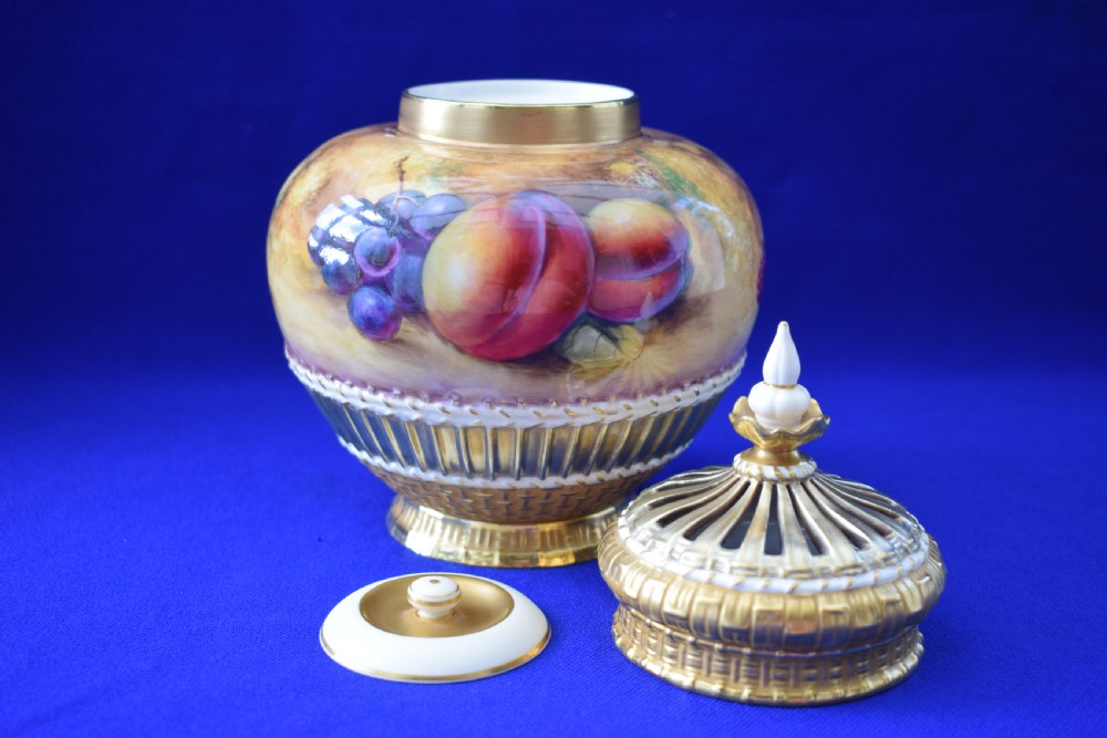 Royal Worcester painted fruit 3 piece pot pourri vase. View III