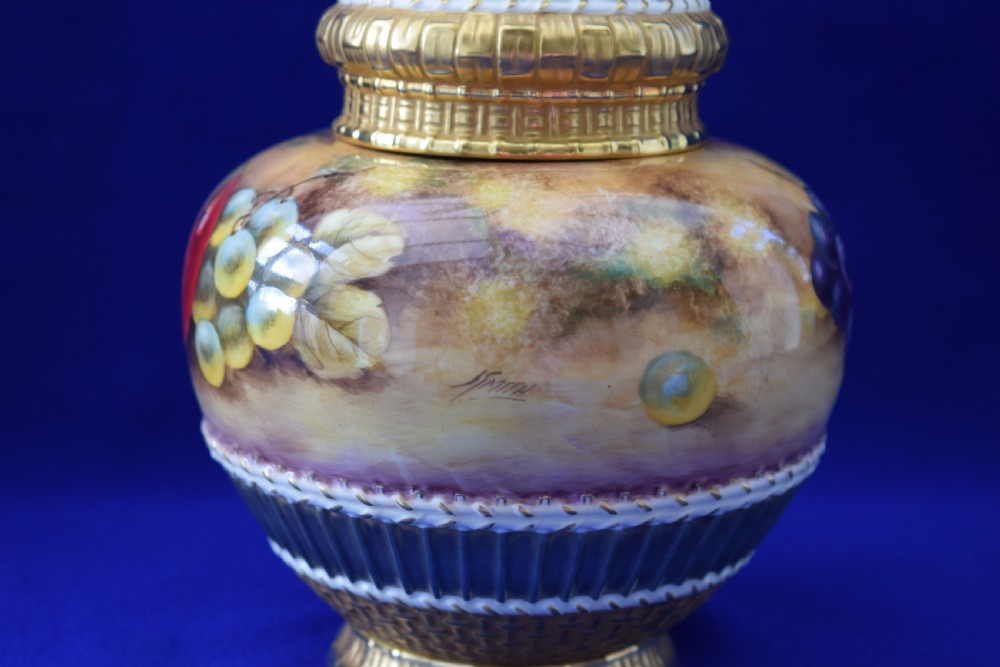 Royal Worcester painted fruit 3 piece pot pourri vase. View IV