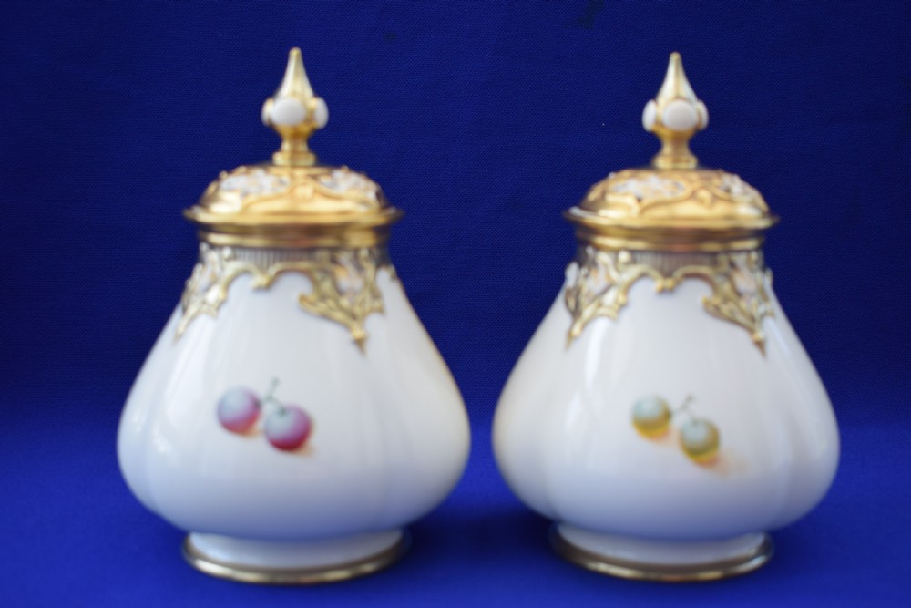 Royal Worcester pair of painted fruit pot pourri vases. View II