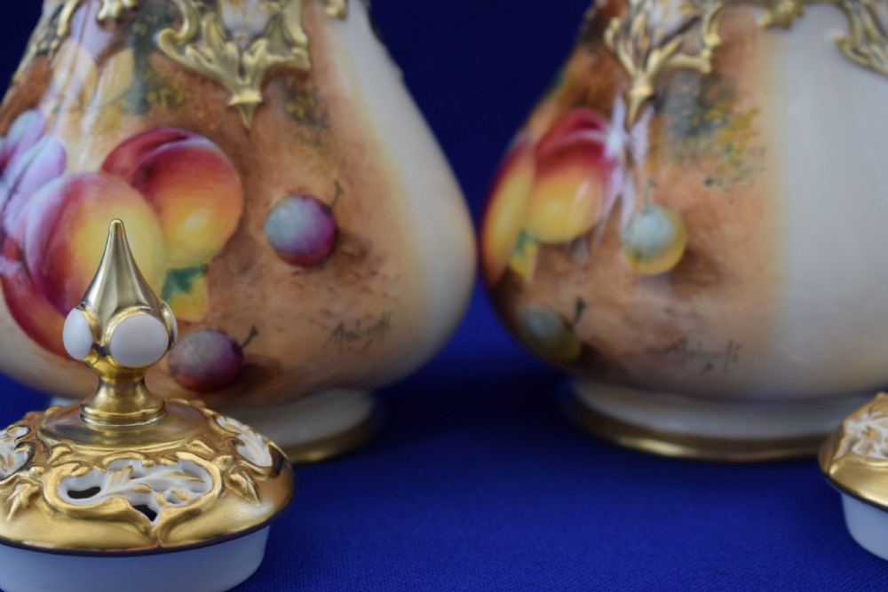Royal Worcester pair of painted fruit pot pourri vases. View III