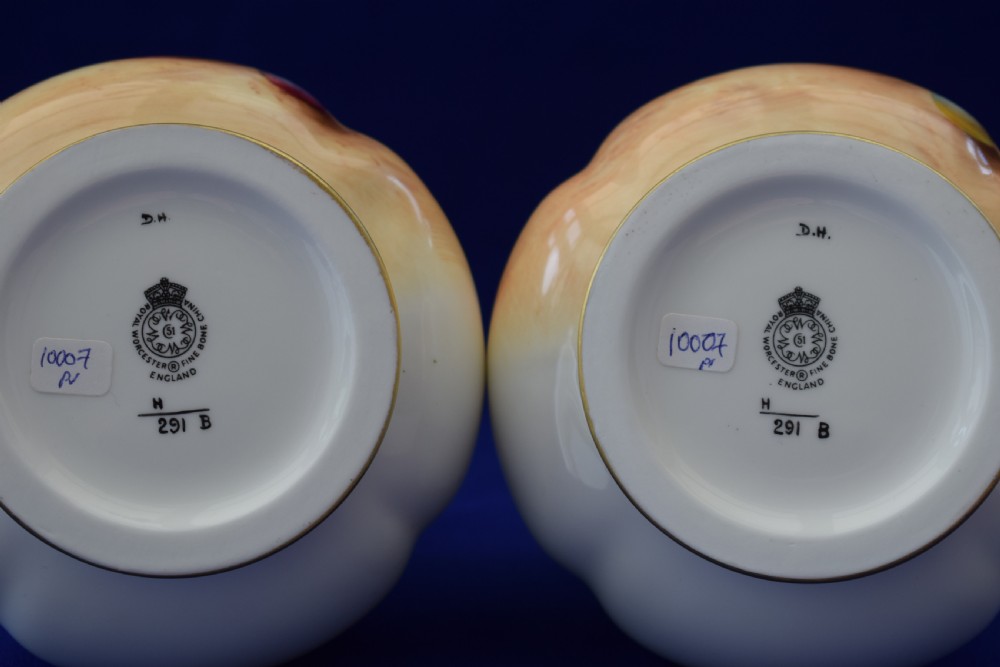 Royal Worcester pair of painted fruit pot pourri vases. View IV