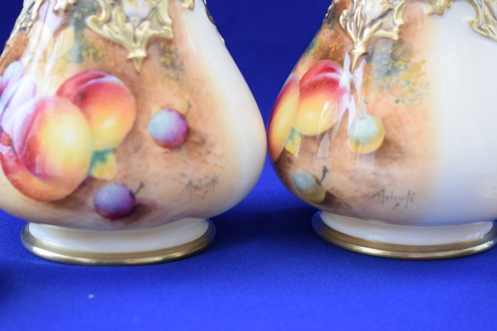Royal Worcester pair of painted fruit pot pourri vases. View V