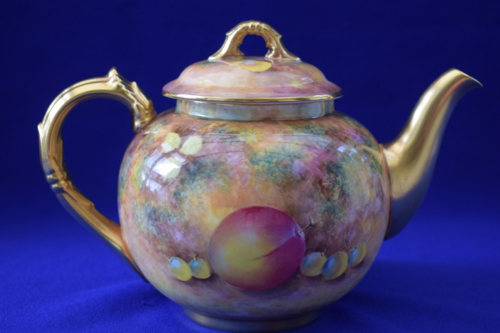 Royal Worcester painted fruit teapot and lid. View II