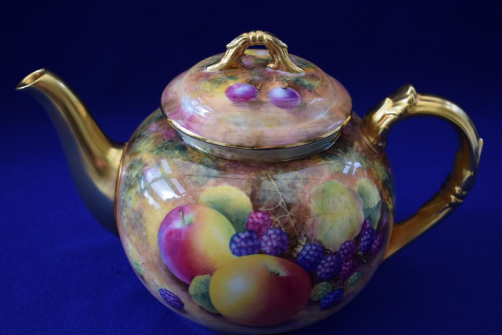 Royal Worcester painted fruit teapot and lid. View III